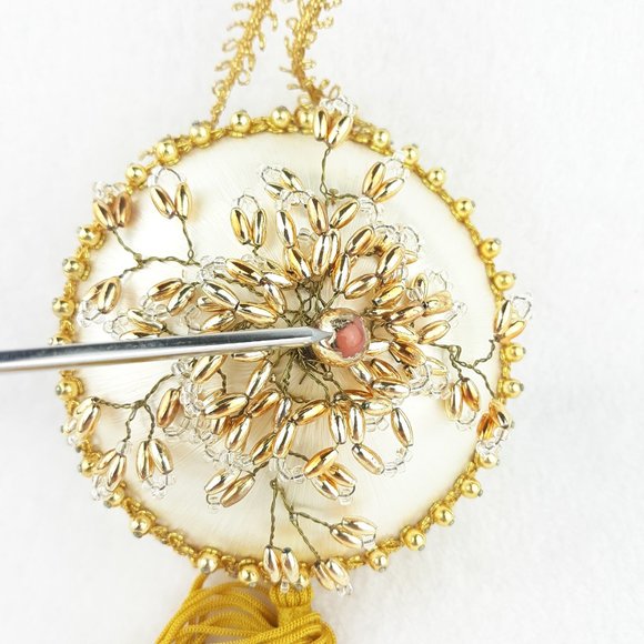 Vintage Satin Beaded Christmas Ornament Cream Gold - Picture 6 of 11